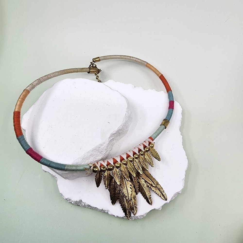 Gold Tone Feather Fringe Collar Necklace Thread Wrapped Boho Festival Statement